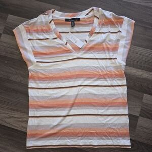 White House Black Market Orange and Cream Striped V-Neck Top